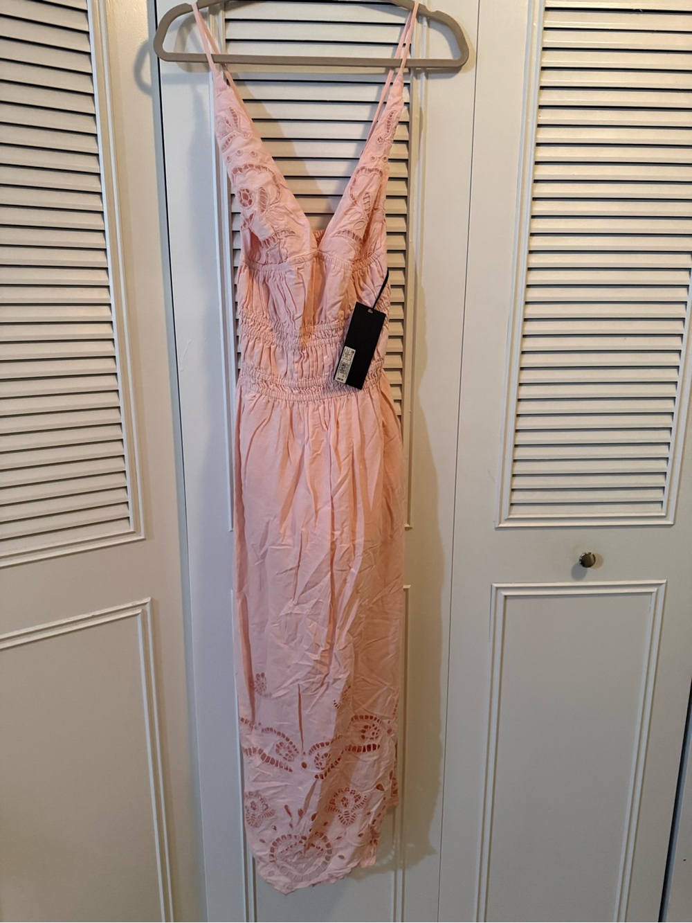 Women’s Light Pink Lace-Trim Maxi Dress with Smocked Waist